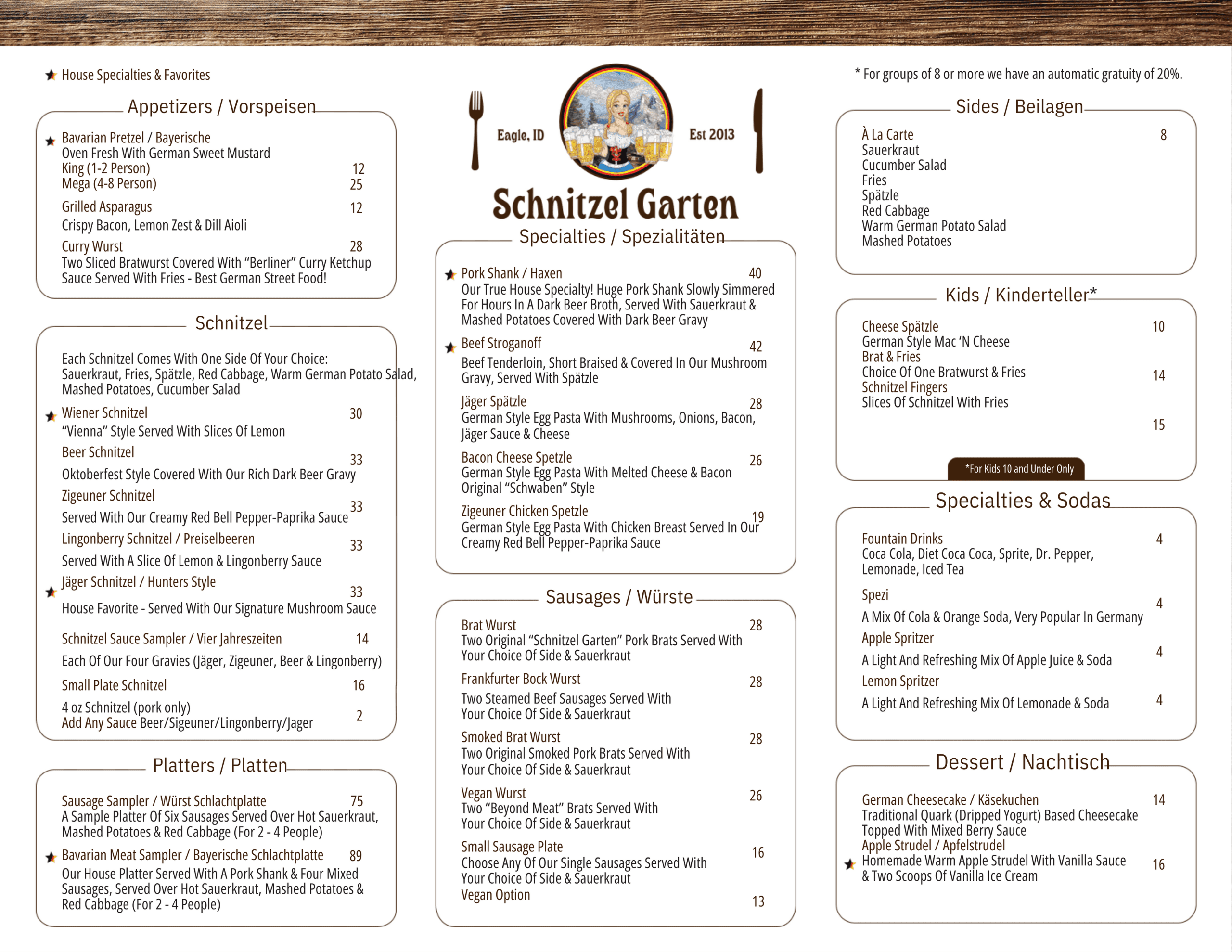 Menu for Schnitzel Garten featuring appetizers, schnitzels, platters, sausages, sides, kids' meals, specials, sodas, and desserts with prices.